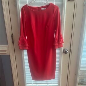 Calvin Klein Red Sheath Dress with Bateau Neckline